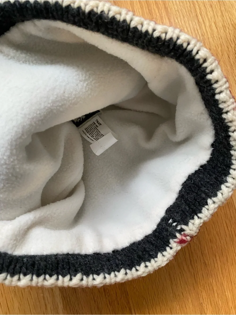 TNA Gray Lambswool fleece lined Knit Beanie with Red & Cream Striped Cuff Unise